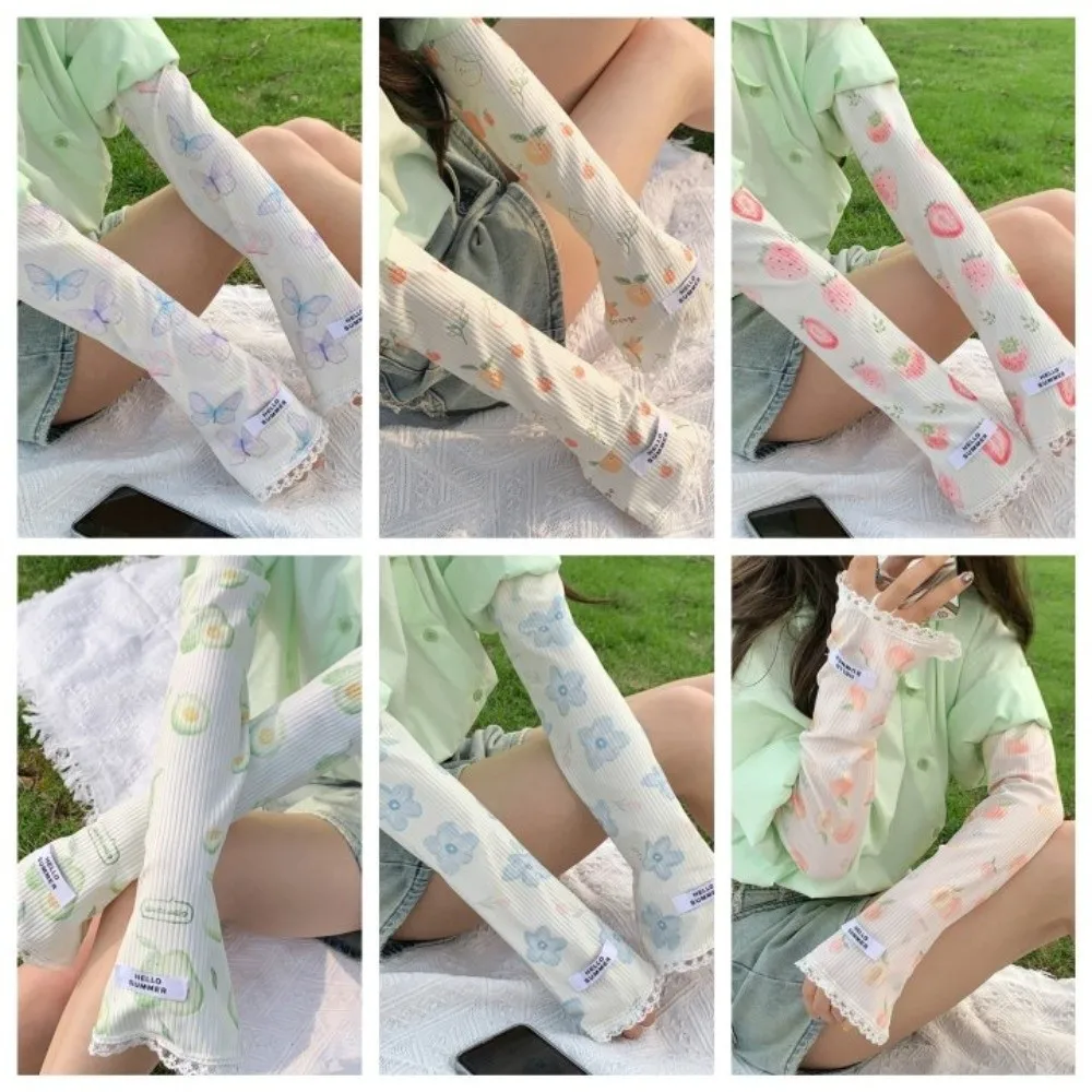 ผลไม้สีส้ม Cooling แขนแขนผีเสื้อพีชสตรอเบอร์รี่ Sun แขนป้องกันแคนตาลูปดอกไม้แตงโมแขนครอบคลุมสาว