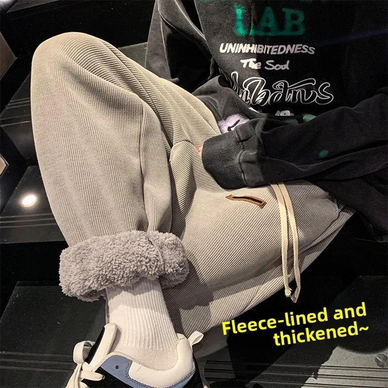 

Men's Corduroy Pants Thiened Fce Lined Casual Sports Trousers Winter Loose Fit Sweatpants Trendy Brand Youth Active Sle