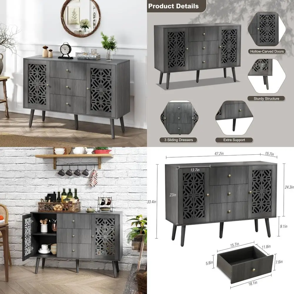 Retro Style Hollow Carved Accent Cabinet with Drawers and Doors, Vintage Buffet Sideboard Storage Credenza for Living Room