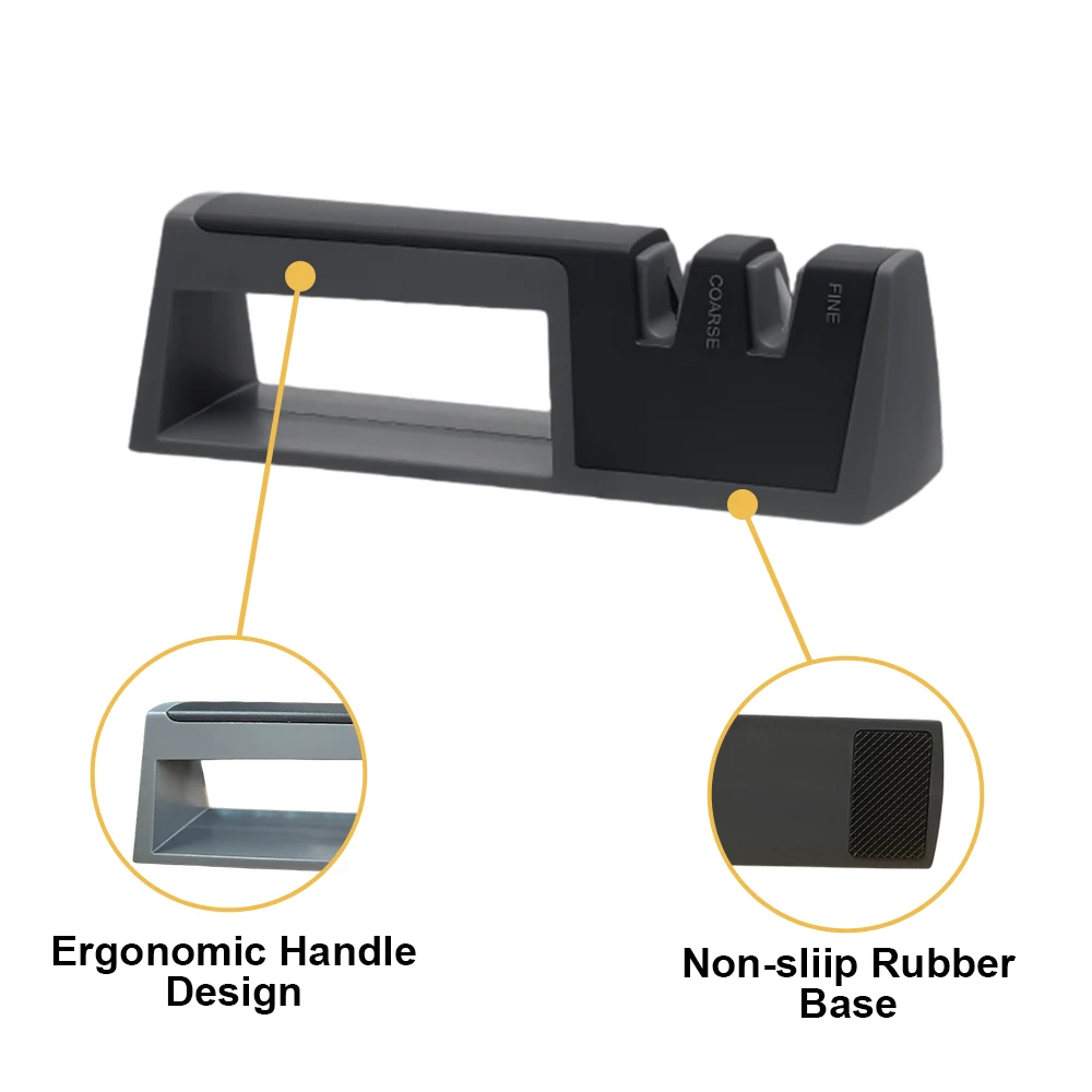 Dual stage handheld sharpener for repairing, restoring, and polishing blades, with coarse and fine grinding functions