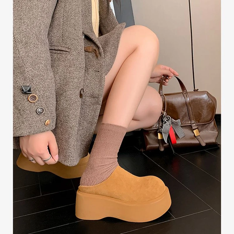 

Women's new leather cow suede thick soled waterproof platform high heels, warm wool Boken shoes, shallow mouth Mueller shoes