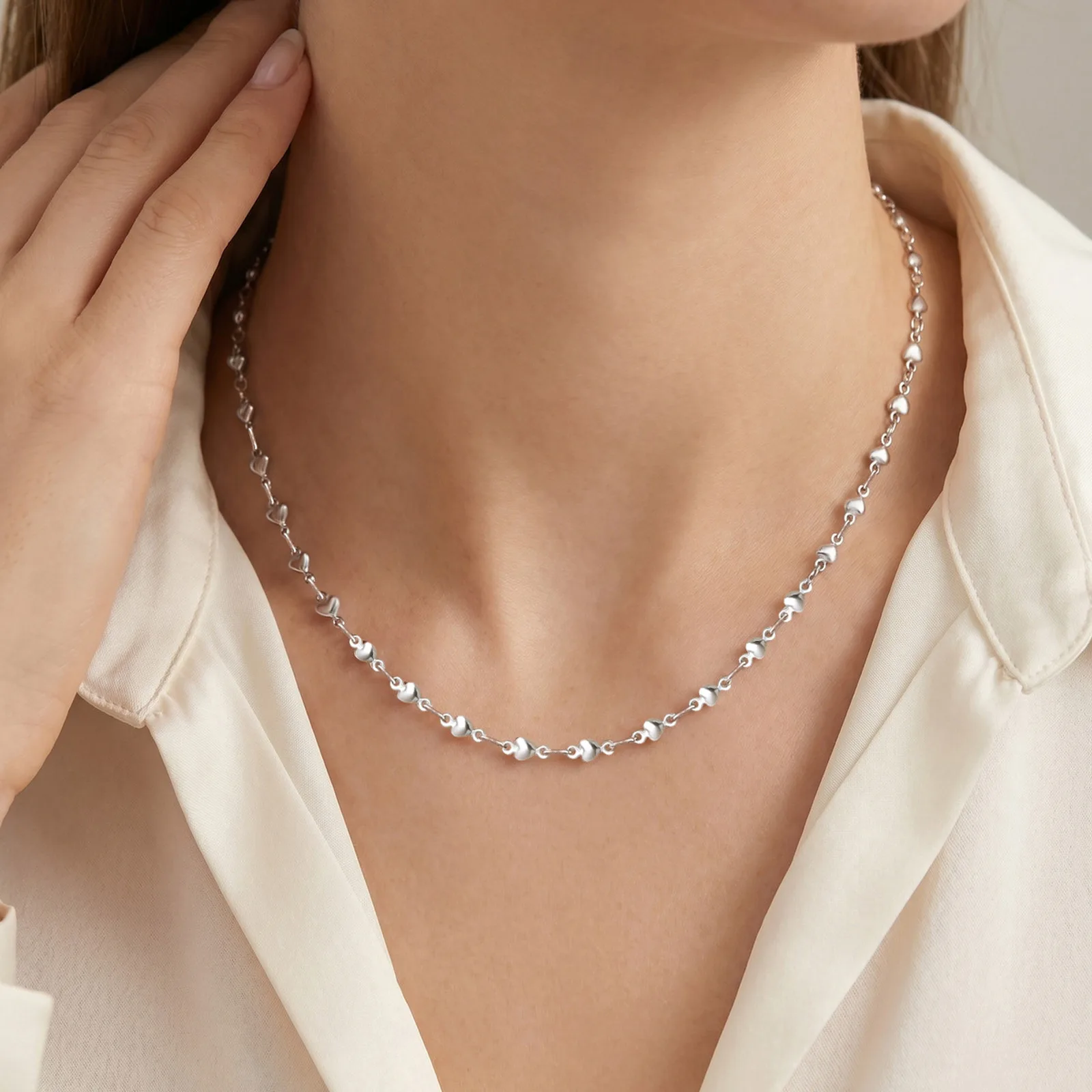French Tiny Heart Chain Necklace for Women, Stainless Steel Heart Link Chain Necklace, Minimalist Layering Jewelry Gift