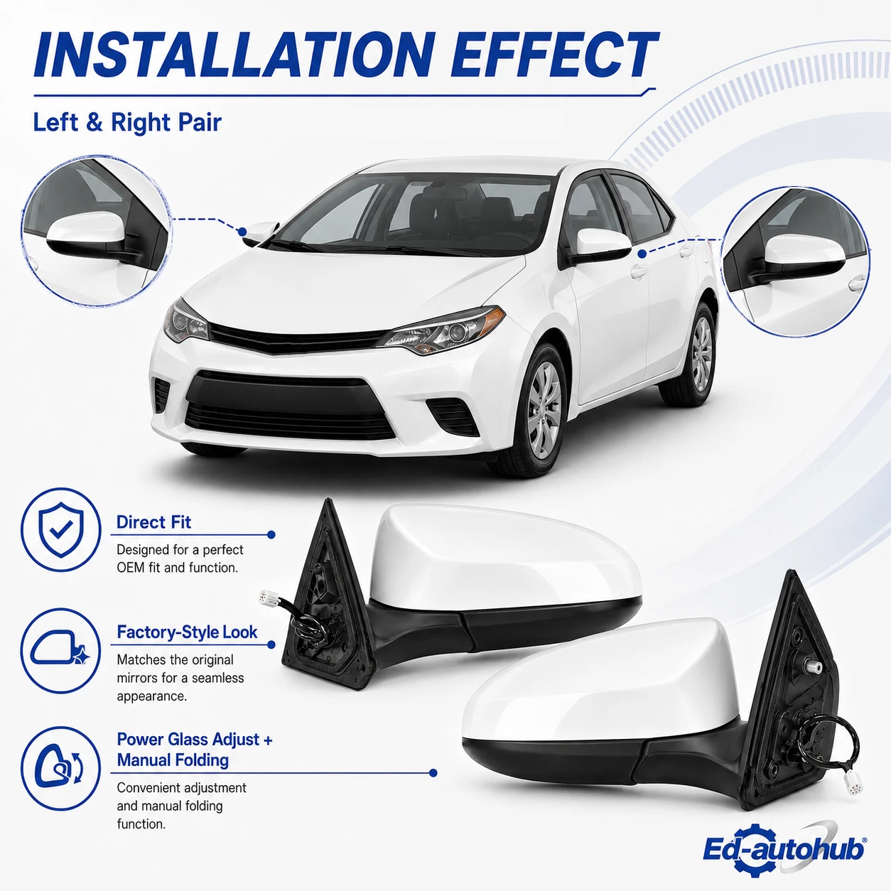 Pair Power Glass Adjust Mirror Manual Folding for Toyota Corolla 2014-2019 Left & Right Side Exterior Auto Accessories