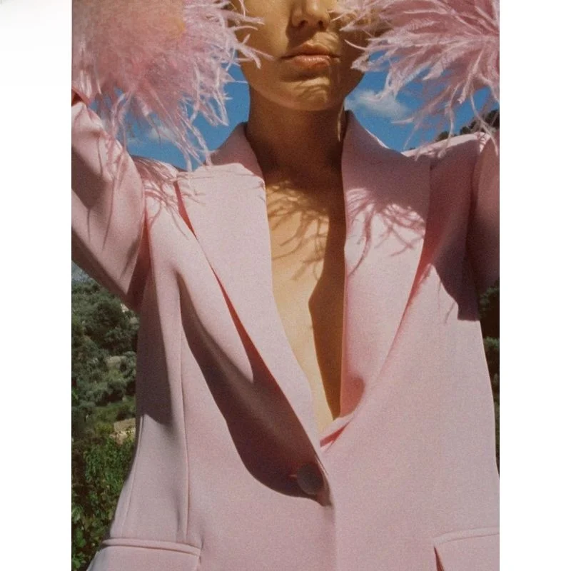 2025 봄 여름 여성 패션 깃털 트림 커프 수트 재킷 스트레이트 레그 팬츠 출퇴근 캐주얼 롱 슬리브 원버튼