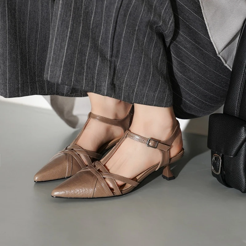 NEW Summer Women Sandals Pointed Toe Thin Heel Shoes Genuine Leather Shoes Women Cover Toe Slingback Shoes Narrow Band Sandals