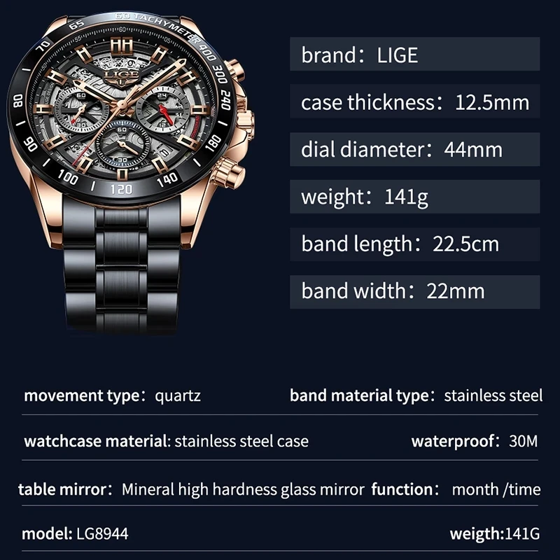 LIGE Men Watch Top Brand Luxury Sports Quartz Mens Watches Full Steel Waterproof Chronograph Wristwatch Men Relogio Masculino