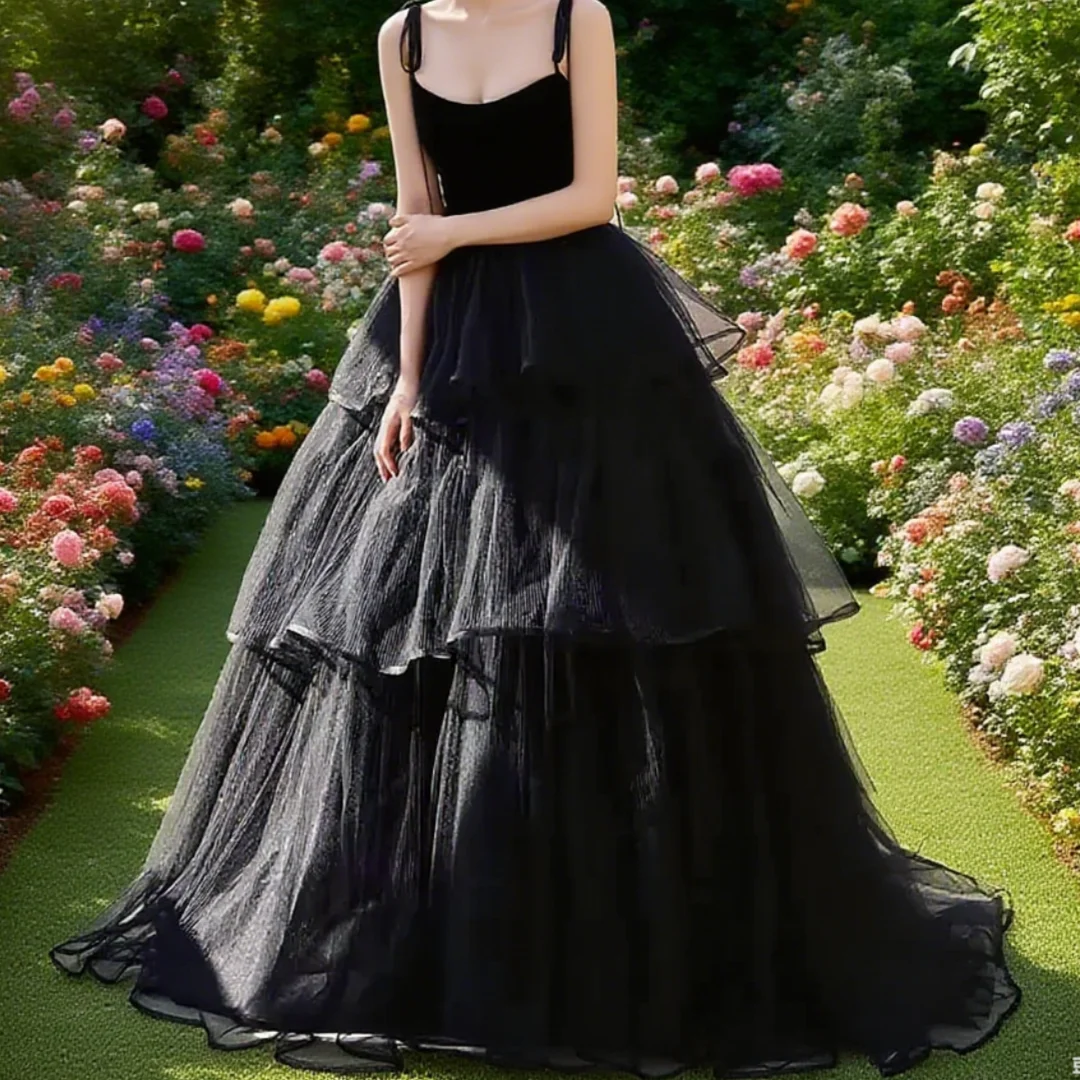 فساتين سهرة الأميرة الأسود تول ثوب زفاف أنيق السباغيتي الأشرطة طول الأرض الطبقات تول فستان الحفلة الراقصة حسب الطلب