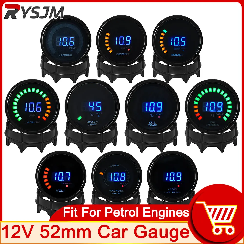 HD 52MM Digital 20 LED Boost BAR PSI Vacuum Water Oil Temp Oil Press Voltmeter AFR EXT EGT Temp RPM Gauge for Petrol Engines