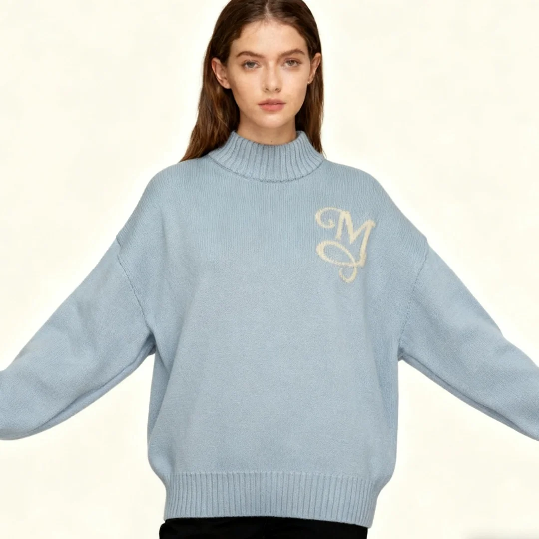 Moda urbana malha jacquard carta padrão oversized unisex pulôver manga longa aconchegante conforto wear para diariamente