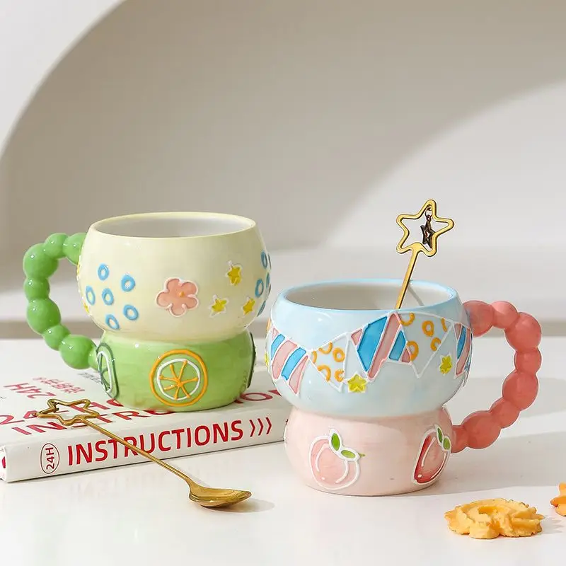 Hand-painted Relief Gourd Ceramic Cup Aesthetic Value, Breakfast Large Capacity, Cute Oatmeal Mug, Home Drinking Wate Drinkware