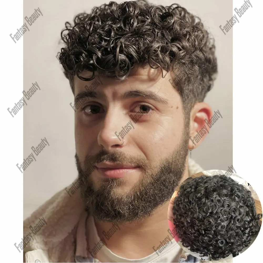 Cabello humano de encaje suizo Q6 con nudos dobles duraderos para hombres, peluquín Afro rizado de 18mm, peluquín transpirable, 5x7, 6x8, 7x9, 8x10