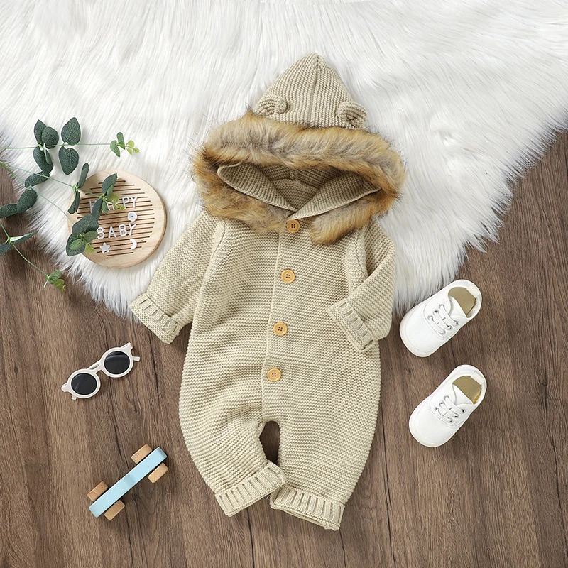 

Autumn Newborn Rompers Clothes Winter Warm Hooded Long Sleeve Infant Boys Girls Knitted Jumpsuits Clothes Children Outfits 0-18m