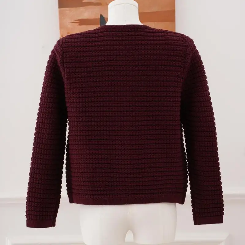 Burgundy Red Color Vintage Knitted O-Neck Cardigan Coat Single Breasted Shoulder Pads Slim Sweater Jacket 2024 Autumn Winter New