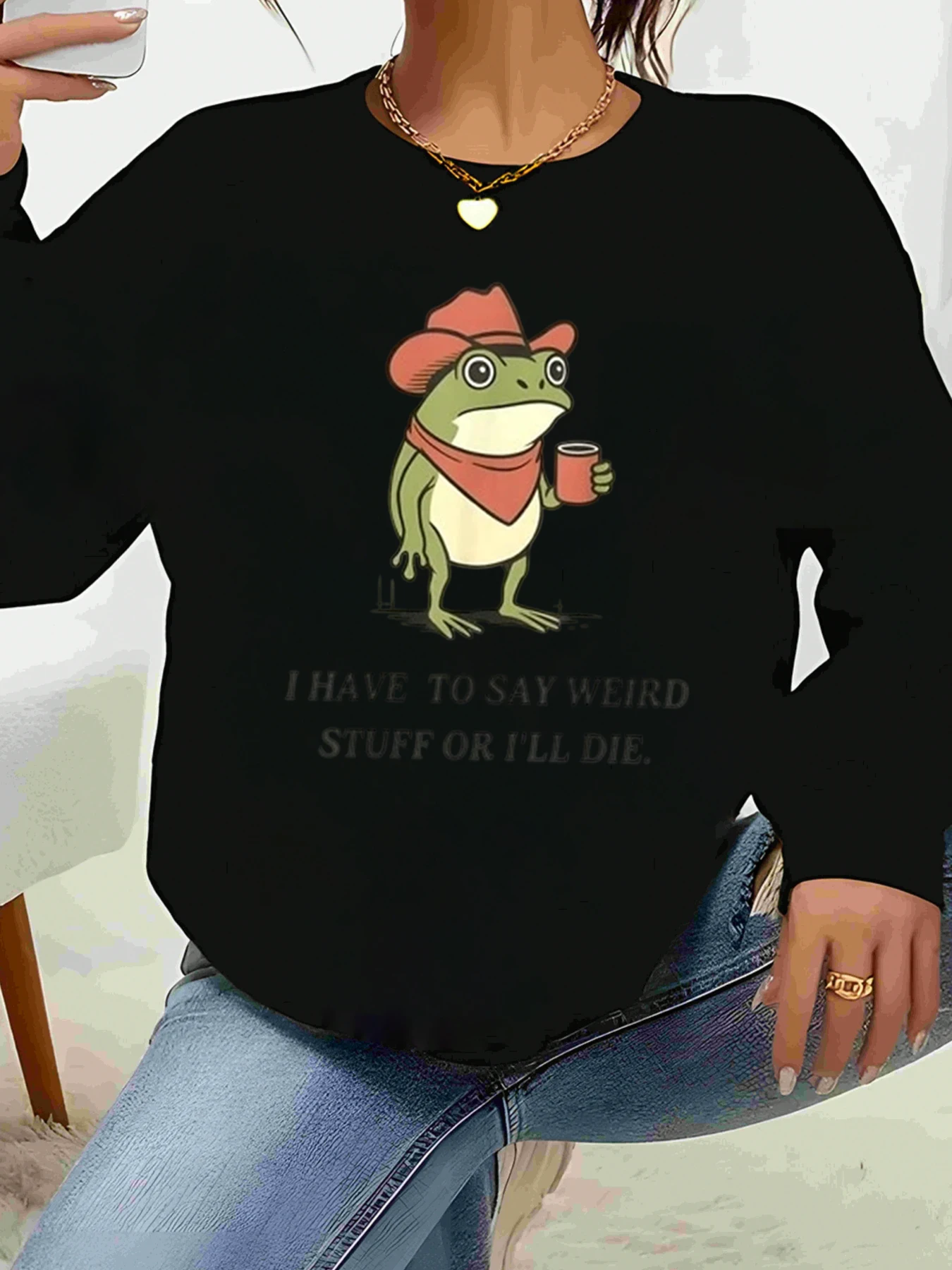 Sapo Cowboy Estampa Eu tenho dizer coisas ou muito morrer Camiseta de manga comprida Halloween Casual Wear Mulheres