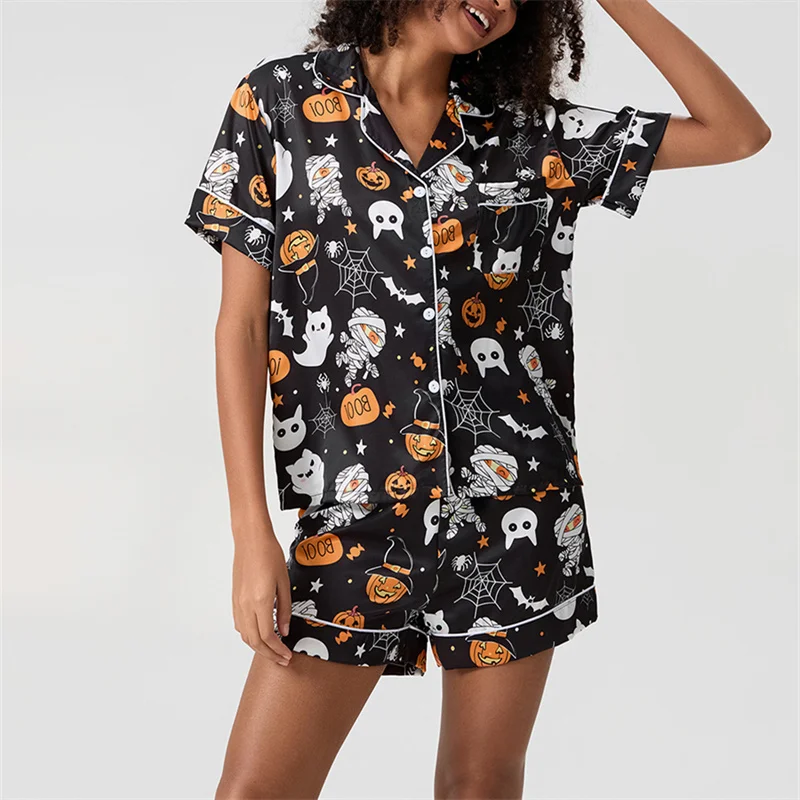 Halloween 2 Piece Pajama Set Women Ghost Pumpkin Graphic Short Pajamas Set Short Sleeve Button Top Comfy Shorts Sleepwear