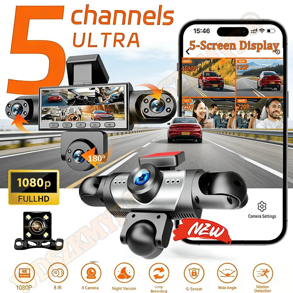 

5-канальный автомобильный видеорегистратор 360° с записью видео 1080P, Wi-Fi, 3/5 камер (передняя, правая, левая, внутренняя, заднего вида), круглосуточный мониторинг парковки