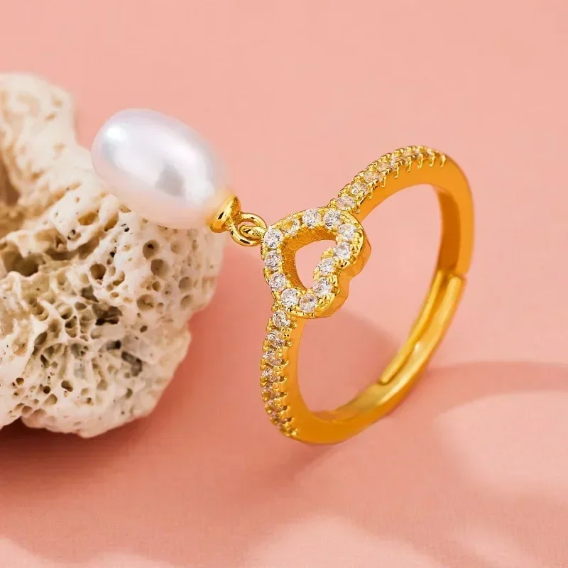 HENGSHENG 9-10mm White Rice Shape Freshwater Pearl Rings Shine Zircon Heart Adjustable Rings for Women Jewelry Gift Wholesale