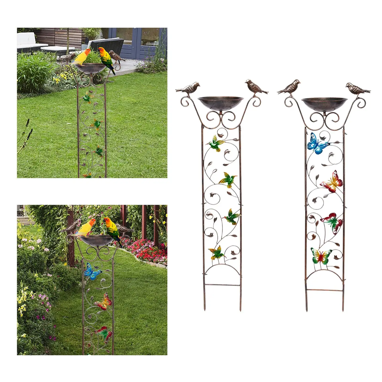 Outdoor Standing Bird Bath with Iron Plant Trellis Garden Birds Water Feeder for Patio Climbing Flowers Support
