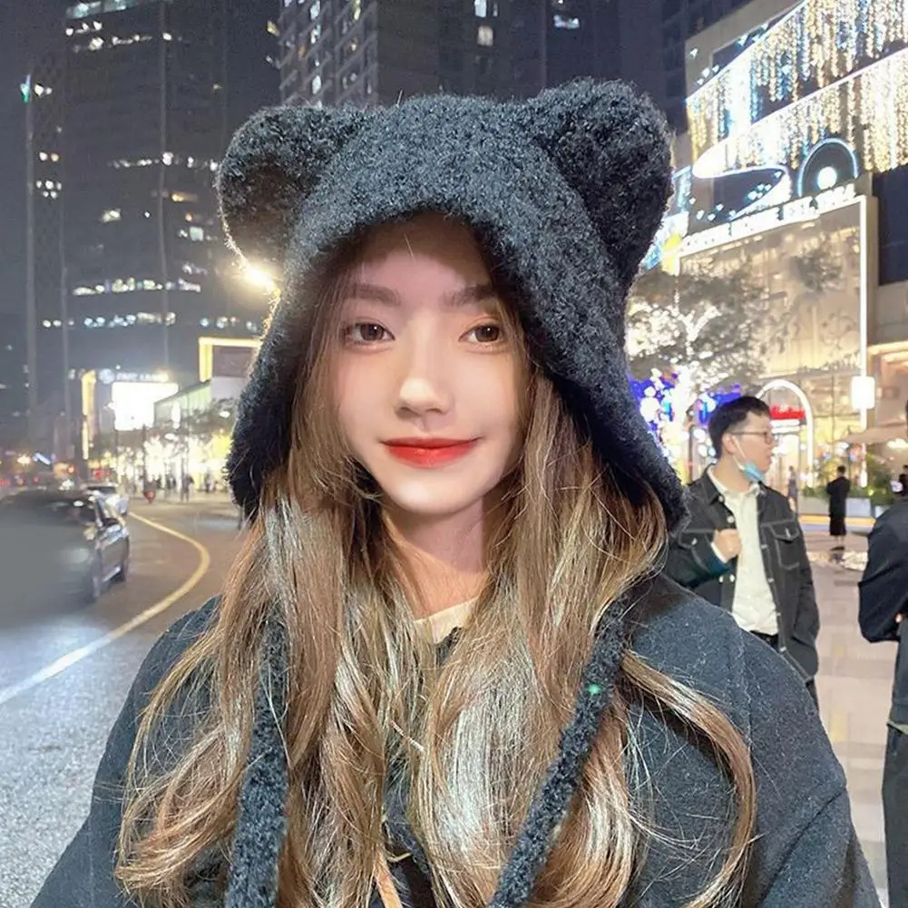 Cute Girl Knit Bear Ear Protection Hat Women Earmuffs Cap Woolen Crochet Bonnet Solid Color Hood Beanies Winter Warm Headgear 모자