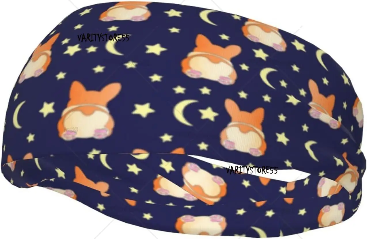 

Corgi Lying with Moons and Stars Sports Headband for Men Wome Reused Washed Mens Headband Sweat Bands for Running Yoga Fitness