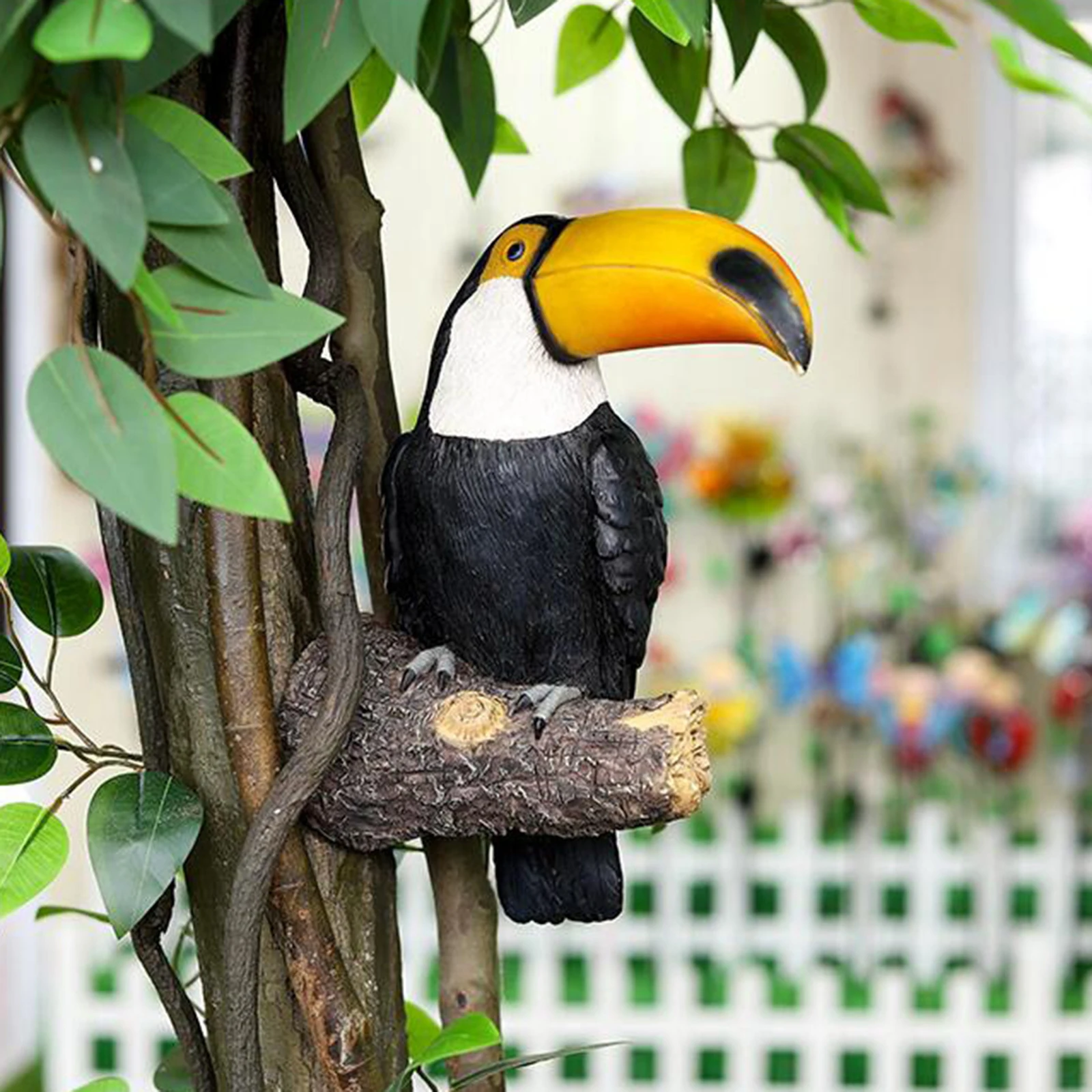 Simulation Toucan Perching on Branch Garden Statue, Bookcase Living Room