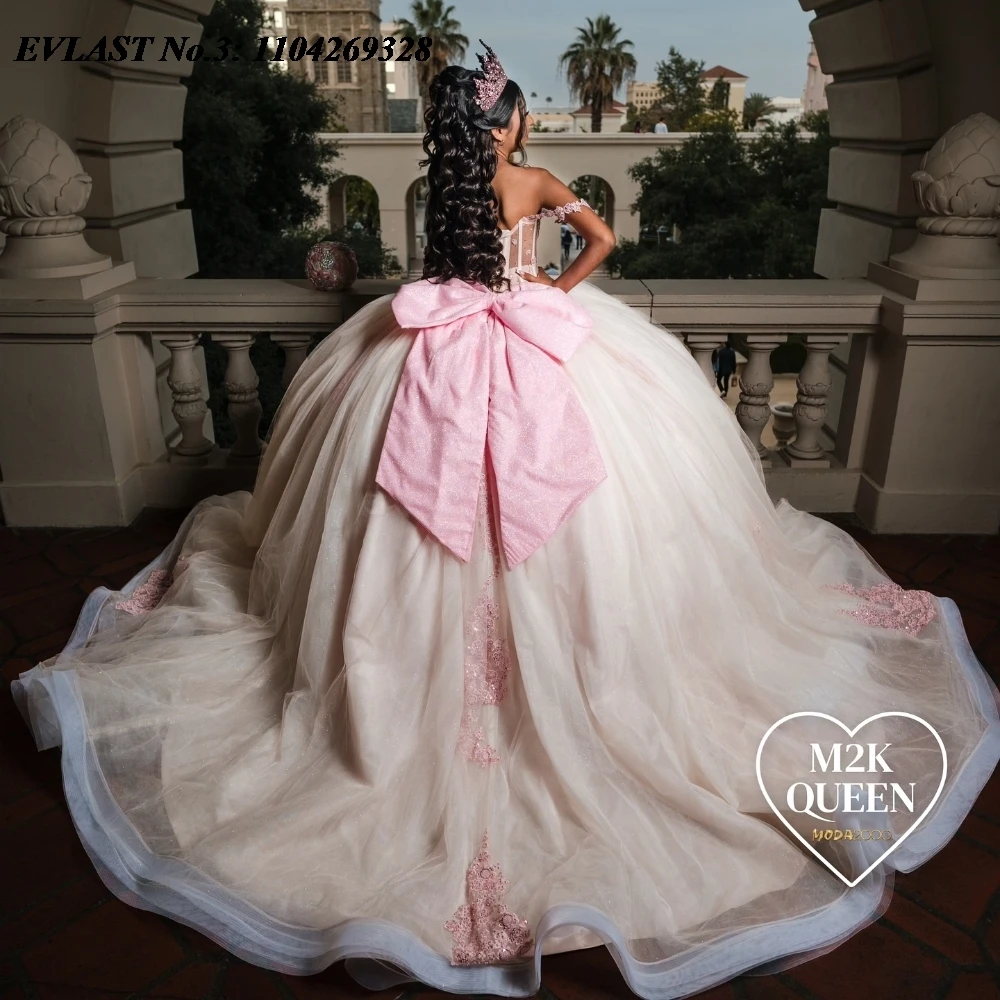 EVLAST personalizado brillante marfil vestido para quinceañeras vestido De baile apliques florales rebordear capa con lazo dulce 16 Vestidos De 15 Anos E3Q144