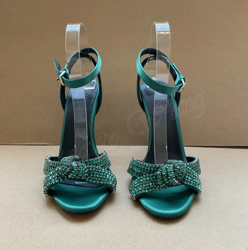 Sandálias de nó de cristal para mulheres, fivela sólida de tornozelo, salto alto, sapatos de casamento, verde, 2023