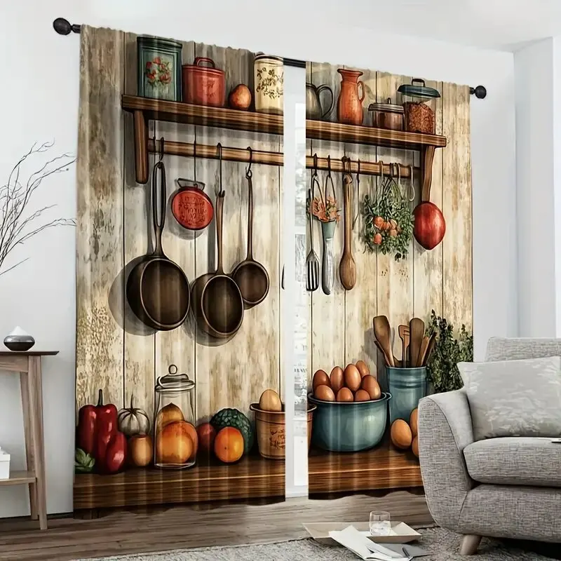 Retro farmhouse kitchen, patterned curtains with cooking patterns, window decorations, home decorations, room decorations
