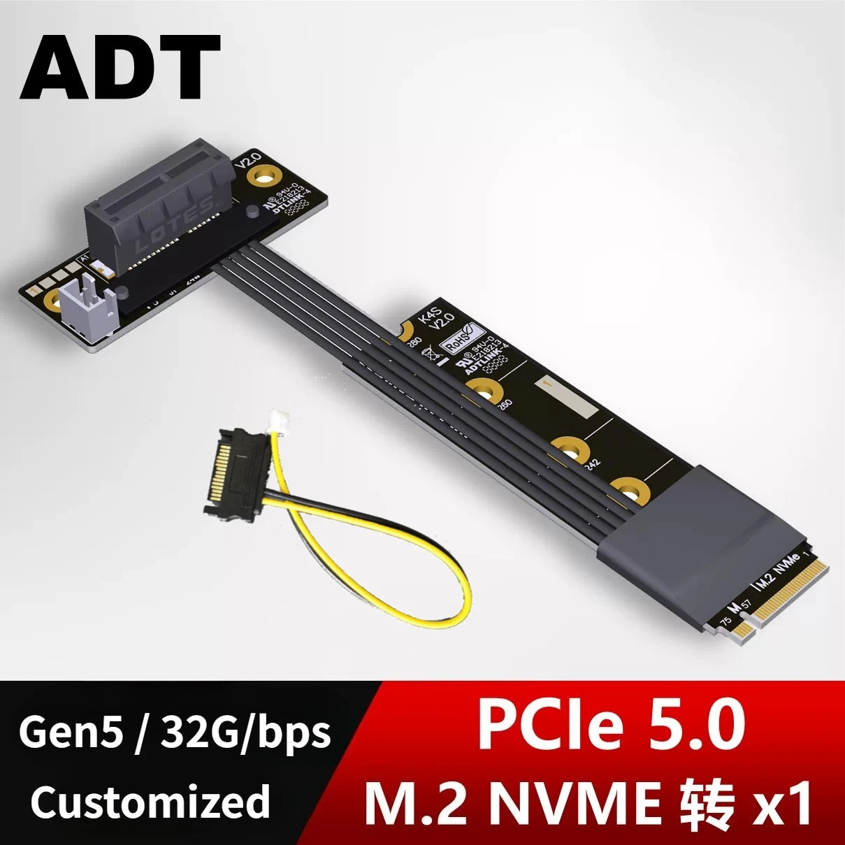 M.2 To PCIE Riser PCIe x1 PCI-E5.0 1x To M.2 NVMe M Key 2280 Riser Card Gen5 M2 SSD PCI-Express 5.0 SATA Power Extension Cord x1