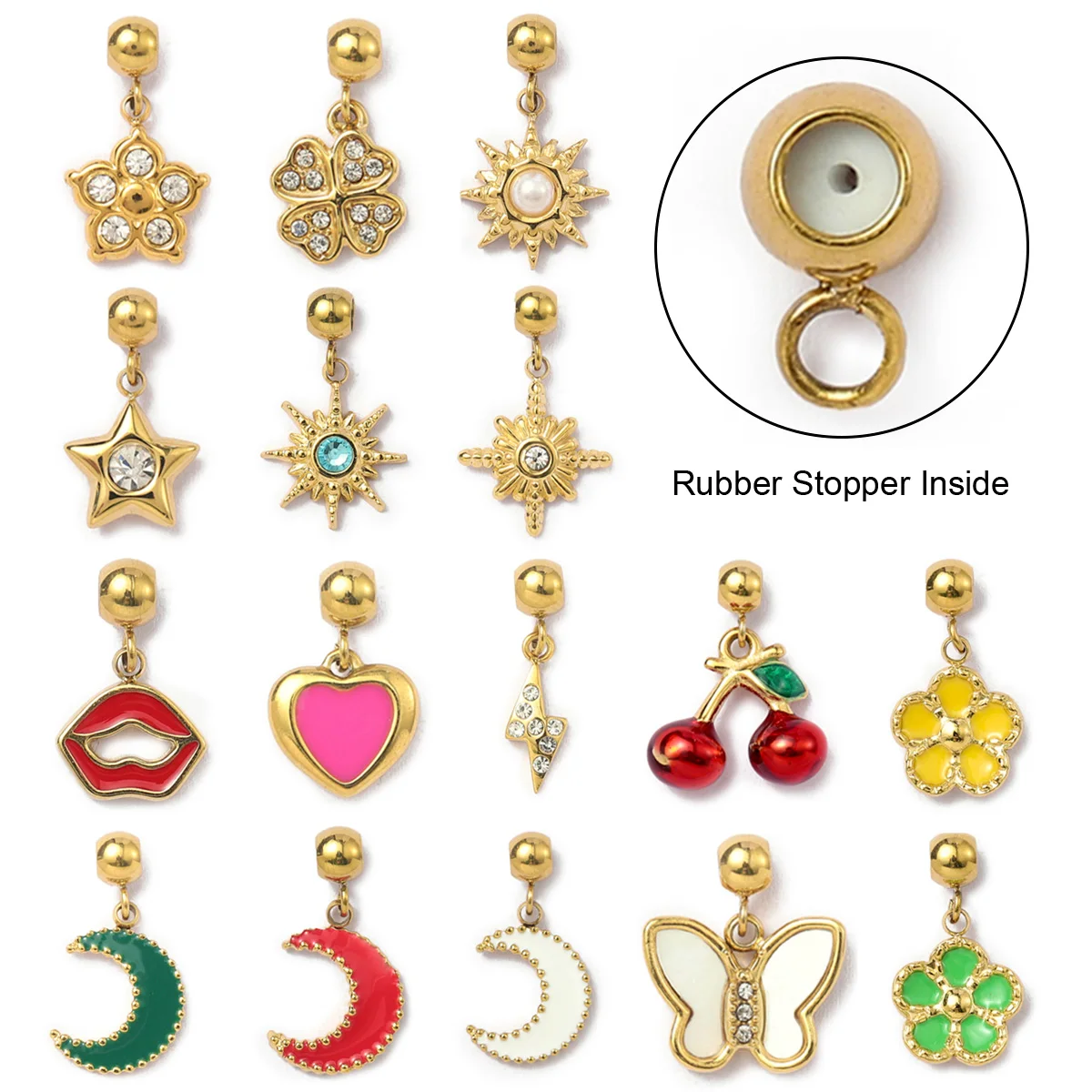 3Pcs/Lot Heart Flower Enamel Stainless Steel Diy Stopper Charms Moon Cherry Star Clover Women Bracelet Necklace Pendant jewelry