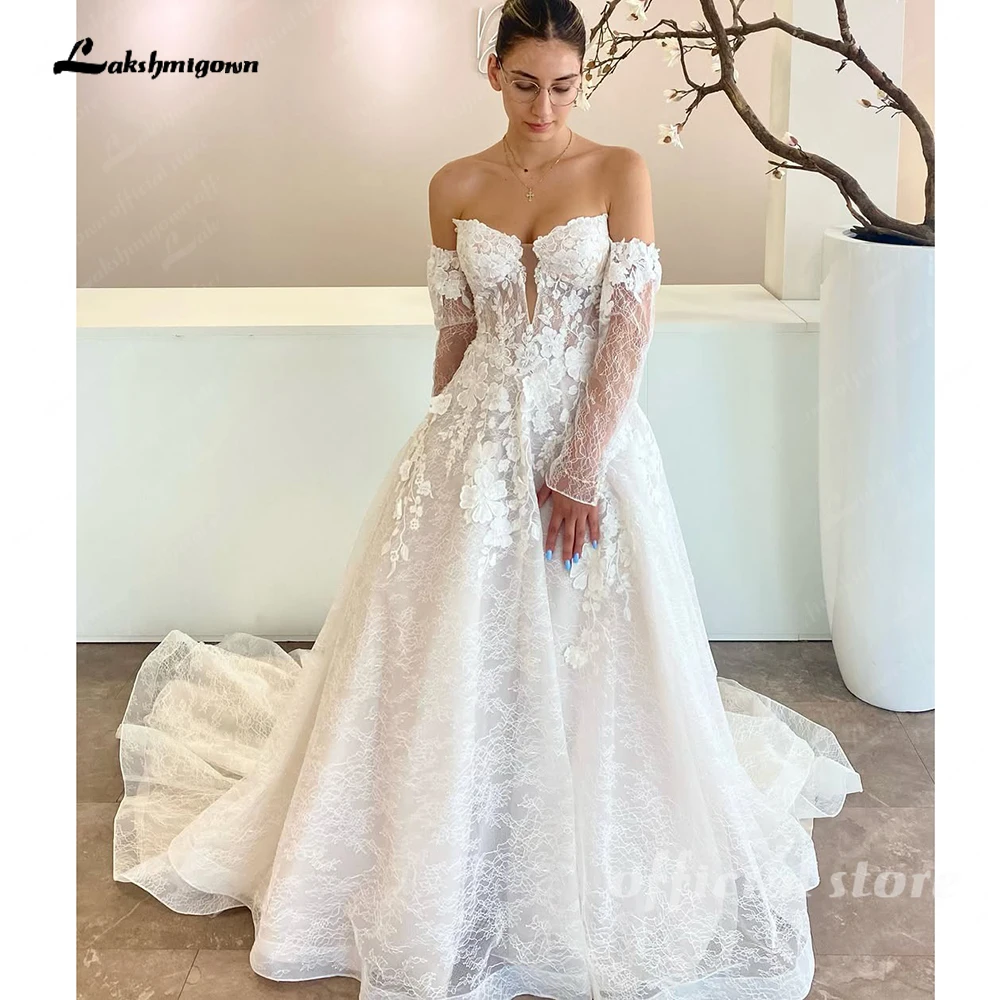 Lakshmigown Schulterfreies langes Brautkleid mit abnehmbaren Ärmeln, Sweetheart-Ausschnitt, vollständig aus Spitze, A-Linie, maßgeschneidert. – Detail 5
