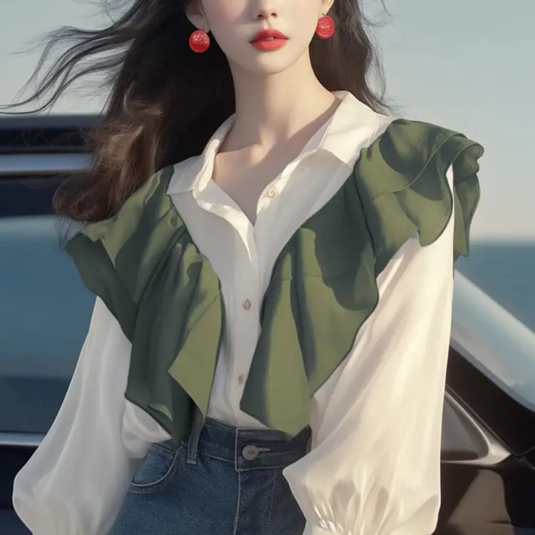 

Популярный в этом году дизайн: уникальный шикарный модный красивый контрастный цвет, рубашка с длинными рукавами и рюшами по краям