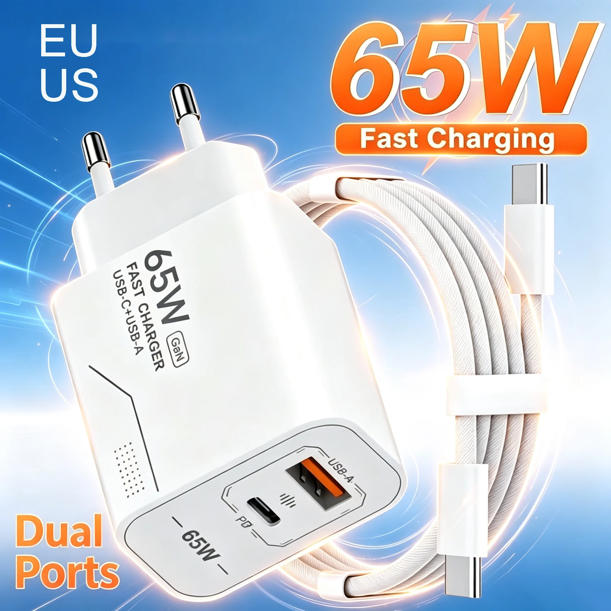 65W PD USB C Fast Charging Charger 2-Port Phone Charger Power Adapter For iPhone Samsung Xiaomi EU/US Plug Wall Charger Travel