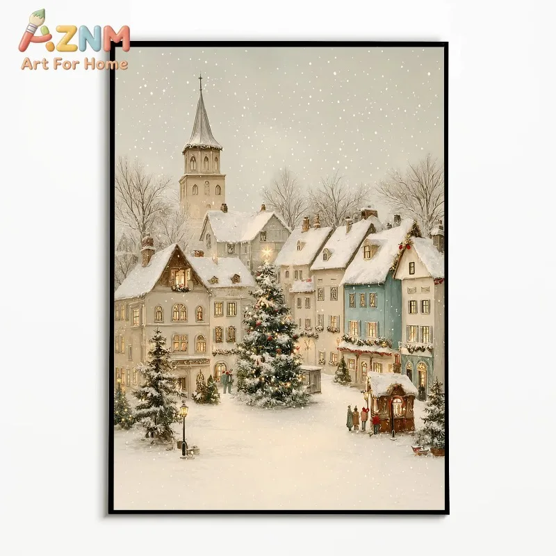 Unframed Vintage Snowy European Christmas Village Canvas Wall Art Winter Town Church Bridge Oil Painting Print Poster Farmhouse