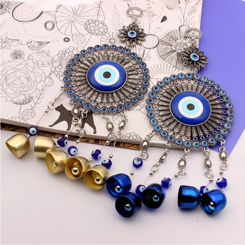 Glass Blue Devil's Eye Bell Pendant Wall Hanging Small Sunflower Evil Eyes Wind Chime Home Door Window Decor