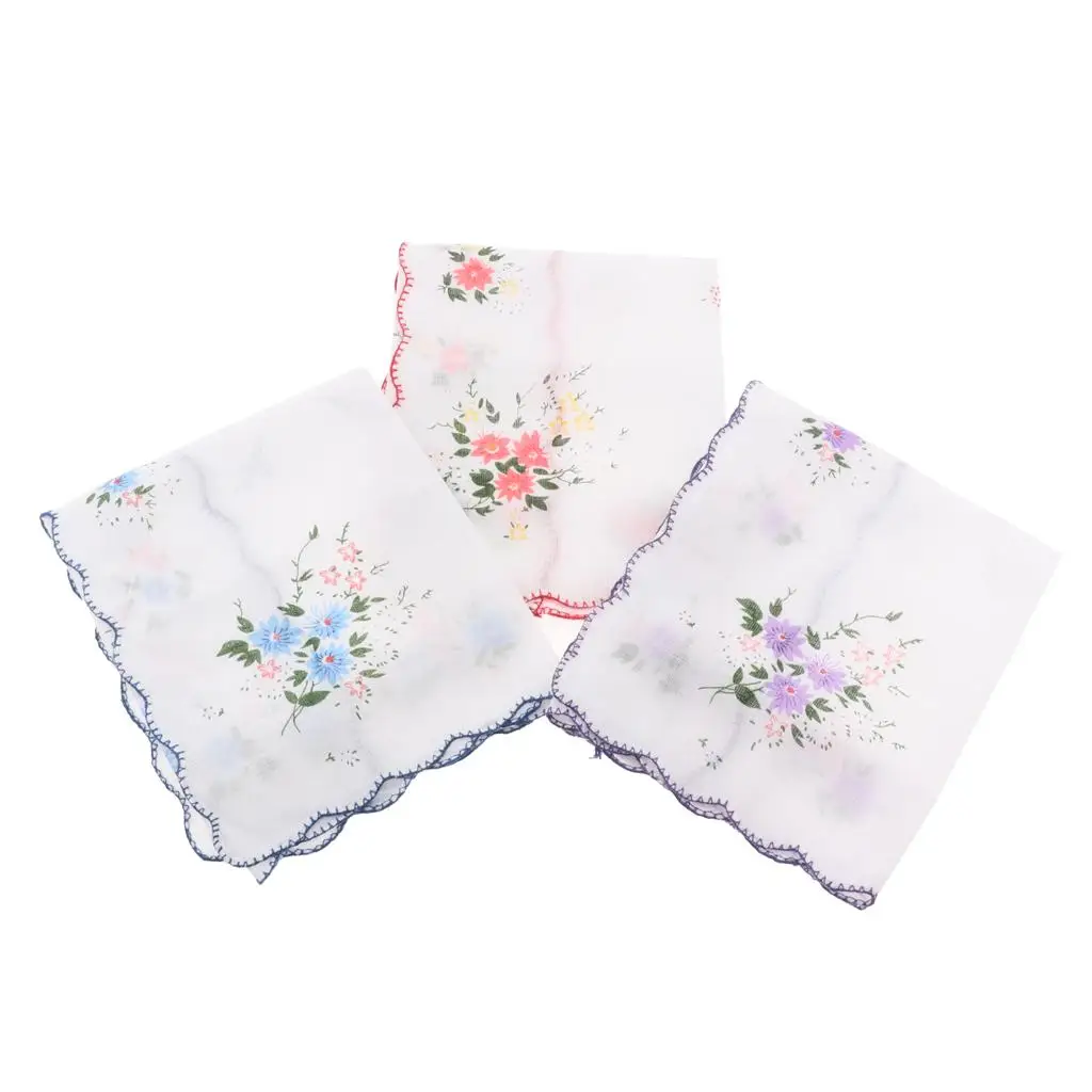 3PCS Womens Handkerchiefs Lace Hankies Pocket Square Hanky Floral Kerchiefs