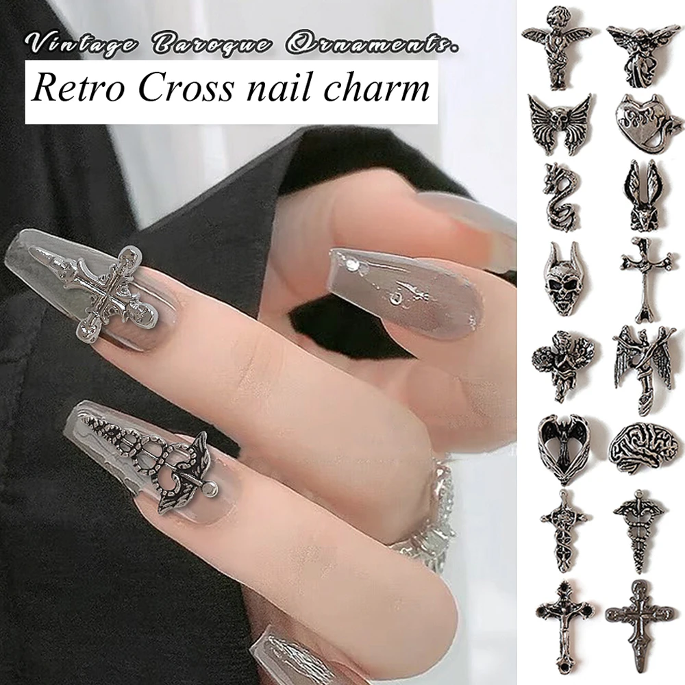 50pcs Vintage Cross Nail Art Charm 3D Punk Baroque Angel Heart Devil Nail Decoration Jewelry DIY Luxury Manicure Accessories