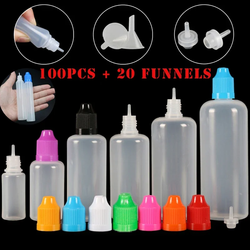 100pcs 3/5/10/15/20/30/50/100/120ml Empty LDPE Plastic Squeezable E Liquid Juice Dropper Eye Bottles Long Tip Cap Vape Container