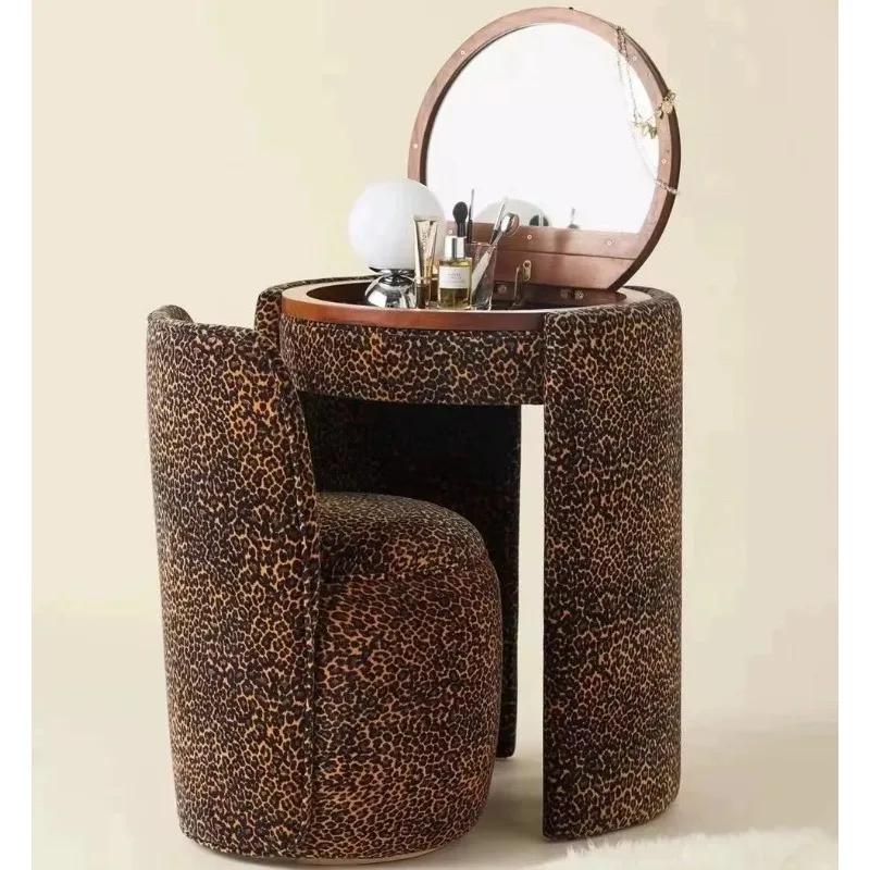 Luxury Vintage Antique Upholstered Makeup Dresser with Foldable Mirror and Stool Set, Wooden Corner Vanity for Bedroom
