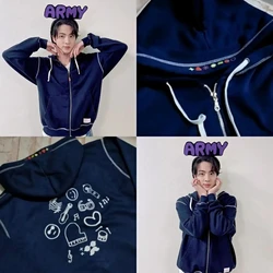 KpopLOVE ARMY STYLE Concert Navy Blue Zip Hoodie Kpop hoodies Design Aid Same Sweatshirts Unisex Streetwear Y2k Hooded Shirt Top