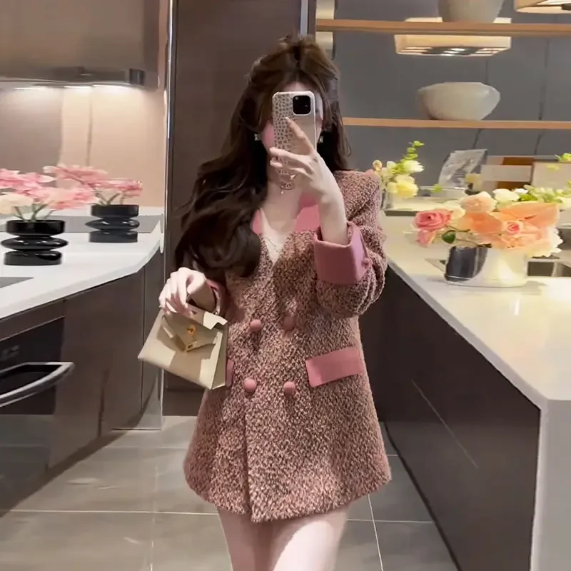 Pop Luxury Autumn Vintage V-neck Wool Blazer Tweed Jacket Women Original Design Suit Coat Office Lady Streetwear Women Clothing