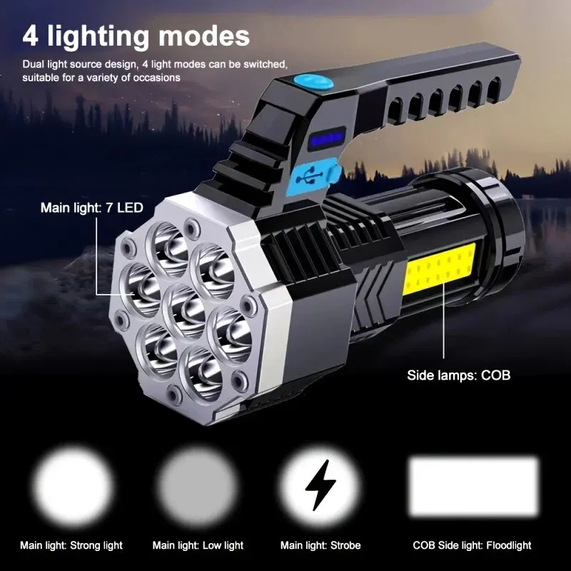 High Power Rechargeable Led Flashlights 7LED Camping Torch With Cob Side Light Lightweight Outdoor Lighting ABS Material