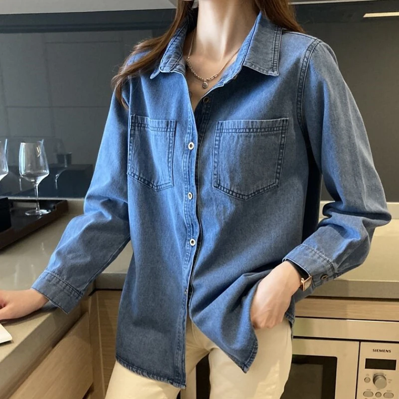 Jeans Shirts Women Blue Blouses Lady Tops Cotton Long Sleeve Blusas Blue Pockets Loose Female Clothing Jeans Shirts All Season