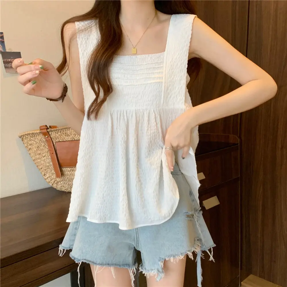 Large Size Wide Edge Sleeveless Halter Vest Women Summer Lean Pleated Ruffled Bottom Tank Top