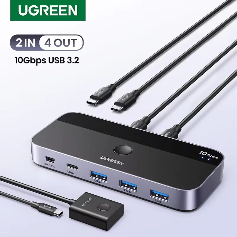 이НАЯ коммутатор USB C 10 Гбит/с, 2 ПК, совместное использование 4 устройств, USB-переключатель USB C 3.2 для клавиатуры, мыши, принтера и сканера, USB-переключатель