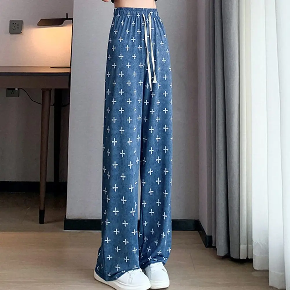 Street Trend-Letter Printed Drawstring Sports Casual Pants Women Elastic Waist Straight Wide Leg Summer Loose Trousers