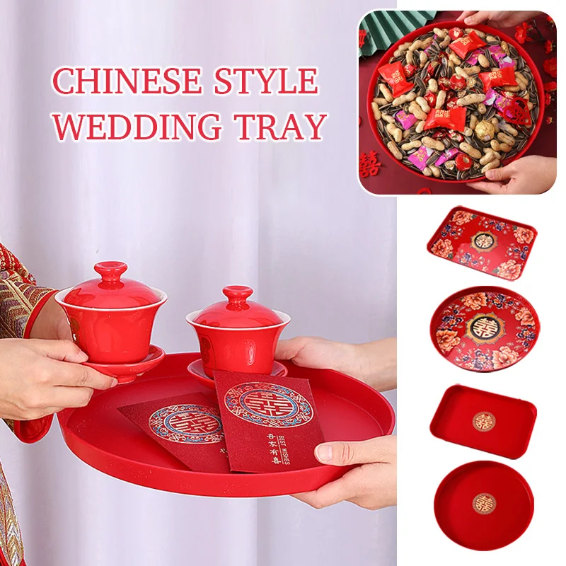 Bandeja china tradicional roja Xi, bandeja de plástico para té, cocina, almacenamiento de aperitivos de frutas, suministros festivos para banquetes