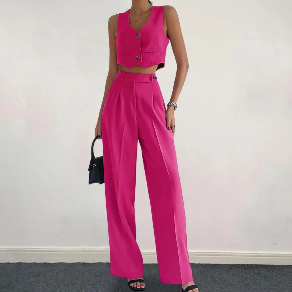 

Women Vest Pants Suit Stylish Women's Office Suit Set With Crop Top Wide Leg Pants Chic Commute Wear For Professional Women