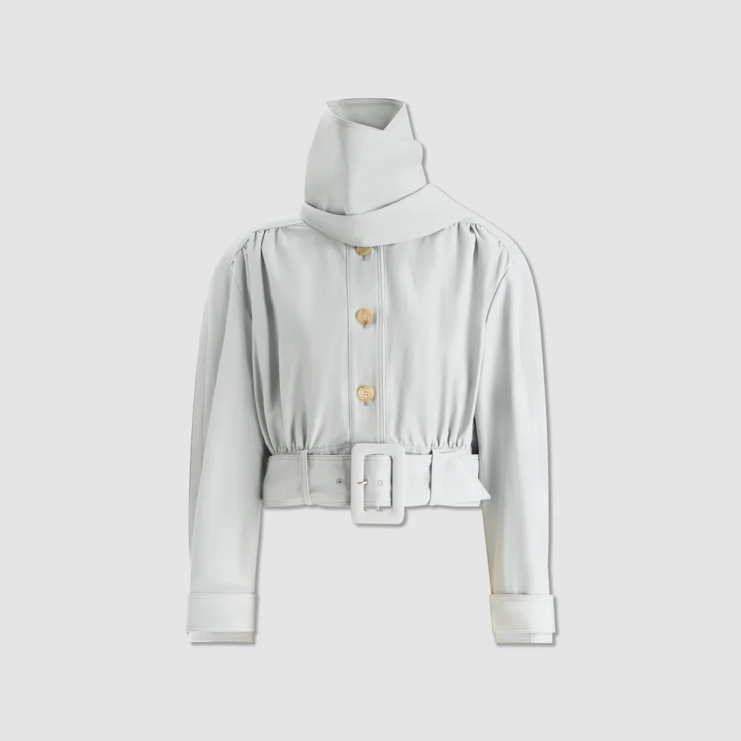 Women Cropped Cotton Blend Trench Coat With Matching Neck Scarf Wide Buckle Belt Waist Long Sleeve Button‑up Casual Outer Jacket