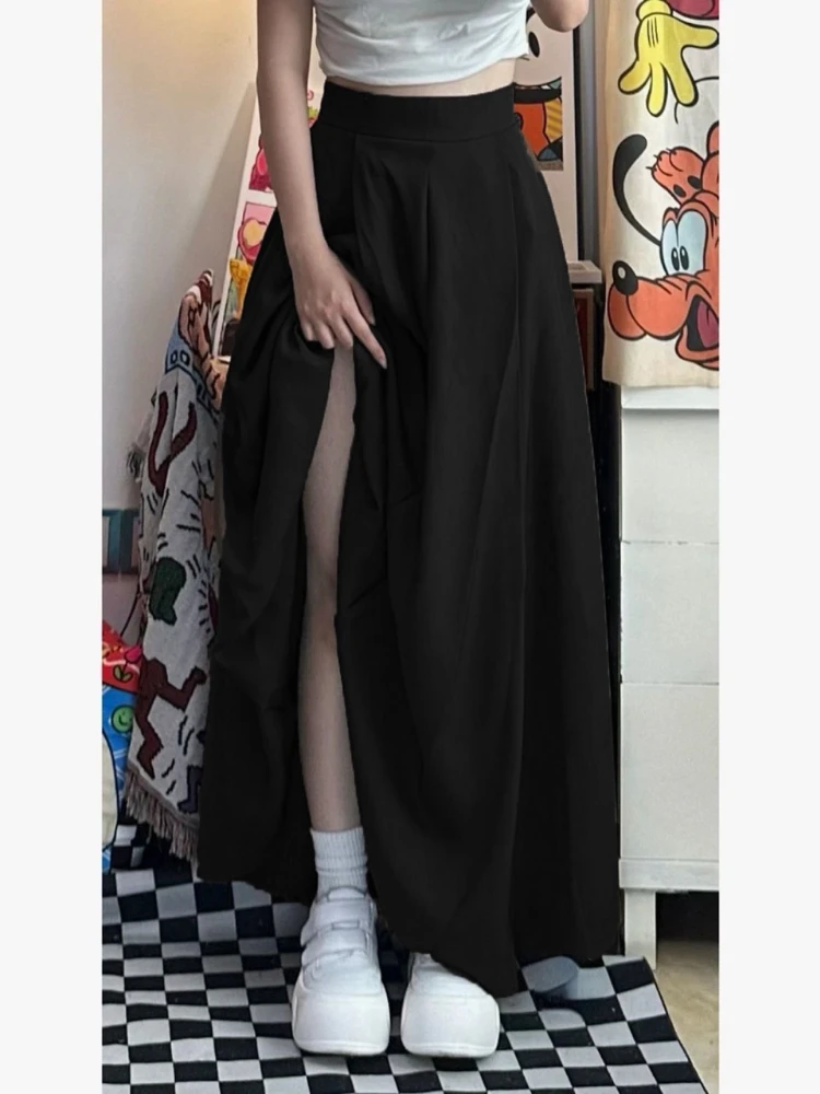 Deeptown Vintage Long Skirt Women Elegant Preppy Style Pleated Skirts Black Fashion Autumn Winter Solid Casual A-line Suit Skirt